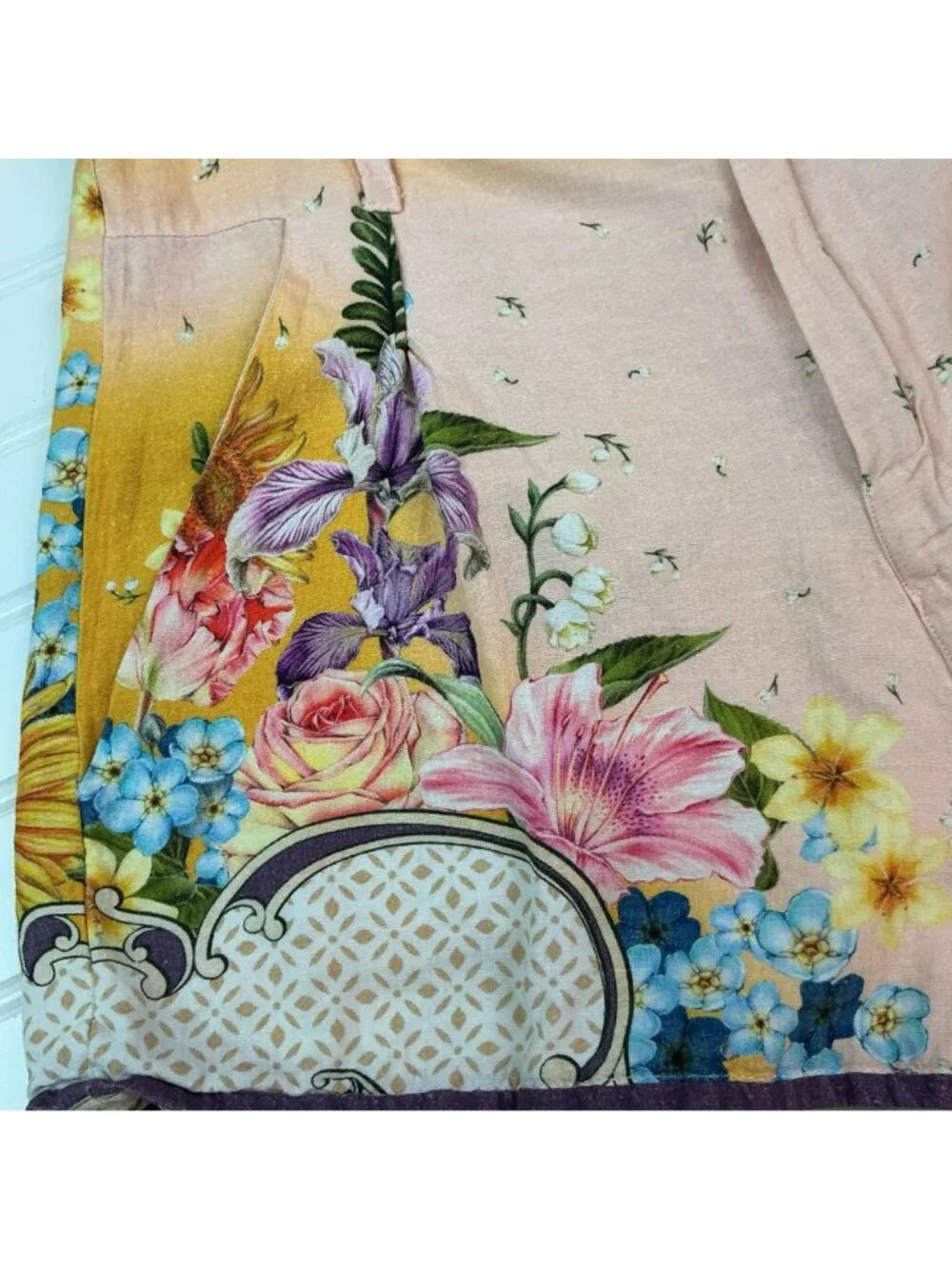 Agua Bendita Floral High-Waisted Shorts Handmade Womens Medium Pink/Yellow